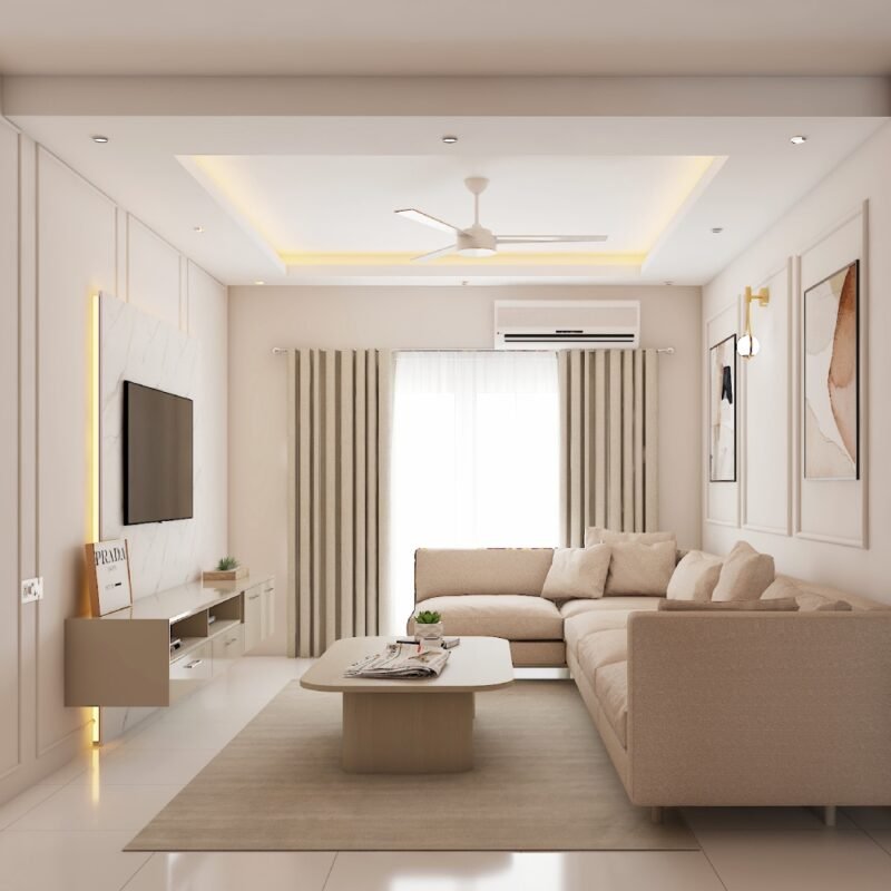 Scandinavian Living Room Design with Beige Upholstered L-Shape Sofa