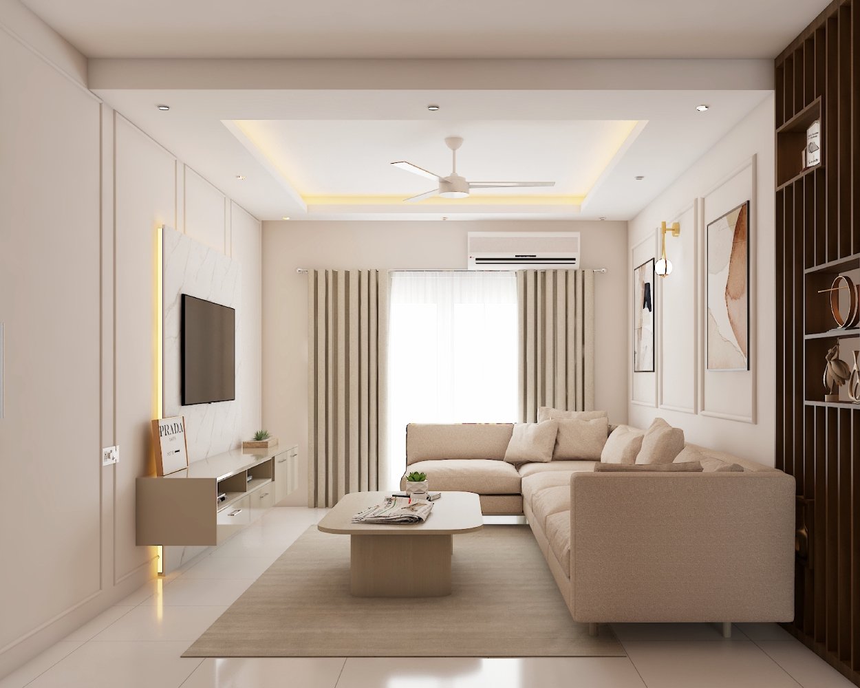 Scandinavian Living Room Design with Beige Upholstered L-Shape Sofa