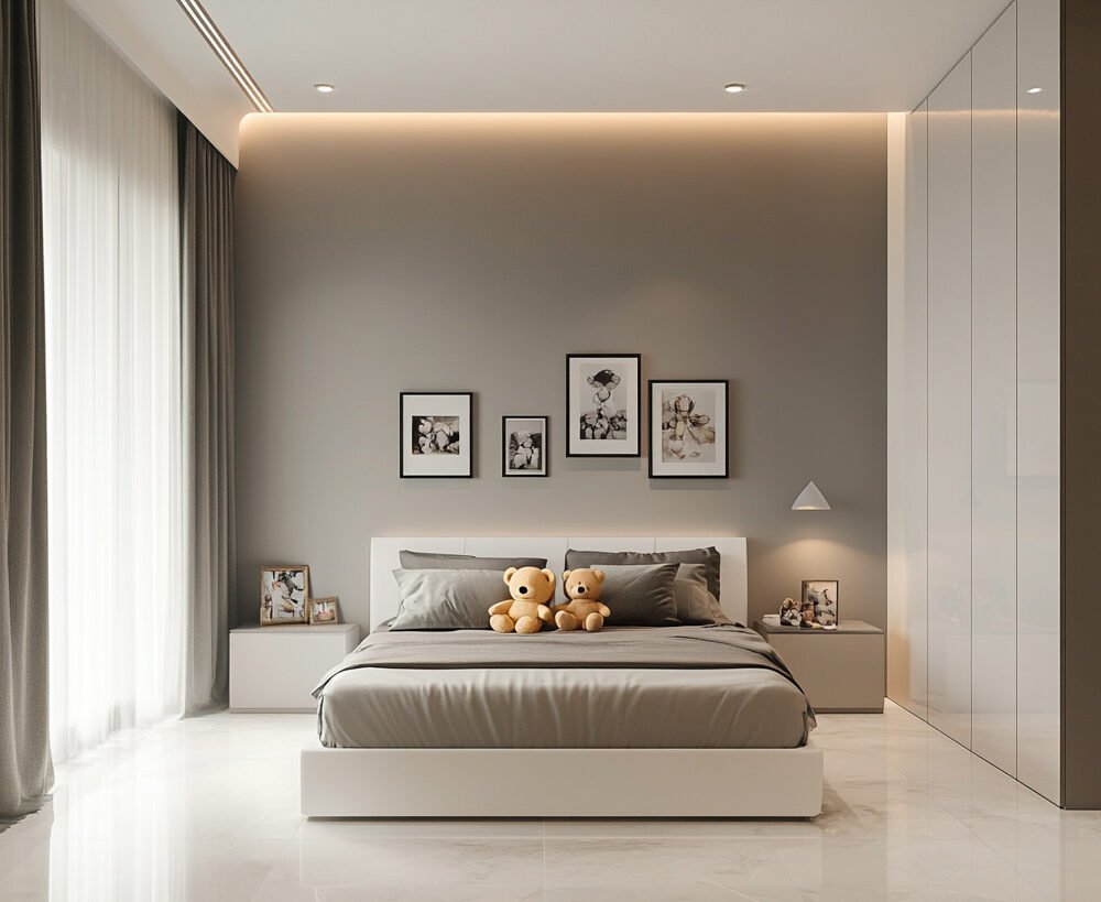 Minimal Kids Bedroom Design with Queen Bed and Spacious Wardrobe