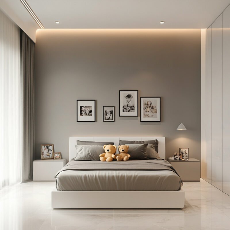 Minimal Kids Bedroom Design with Queen Bed and Spacious Wardrobe