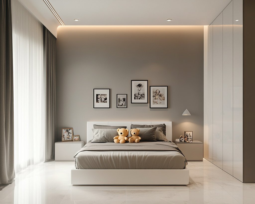 Minimal Kids Bedroom Design with Queen Bed and Spacious Wardrobe