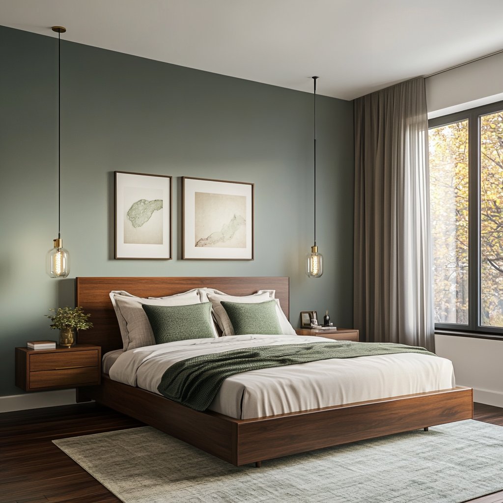 Modern Guest Bedroom Design with Green Walls and Wooden Accents