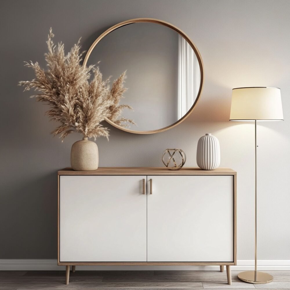 Modern Foyer Design with Neutral Tones and Warm Lighting