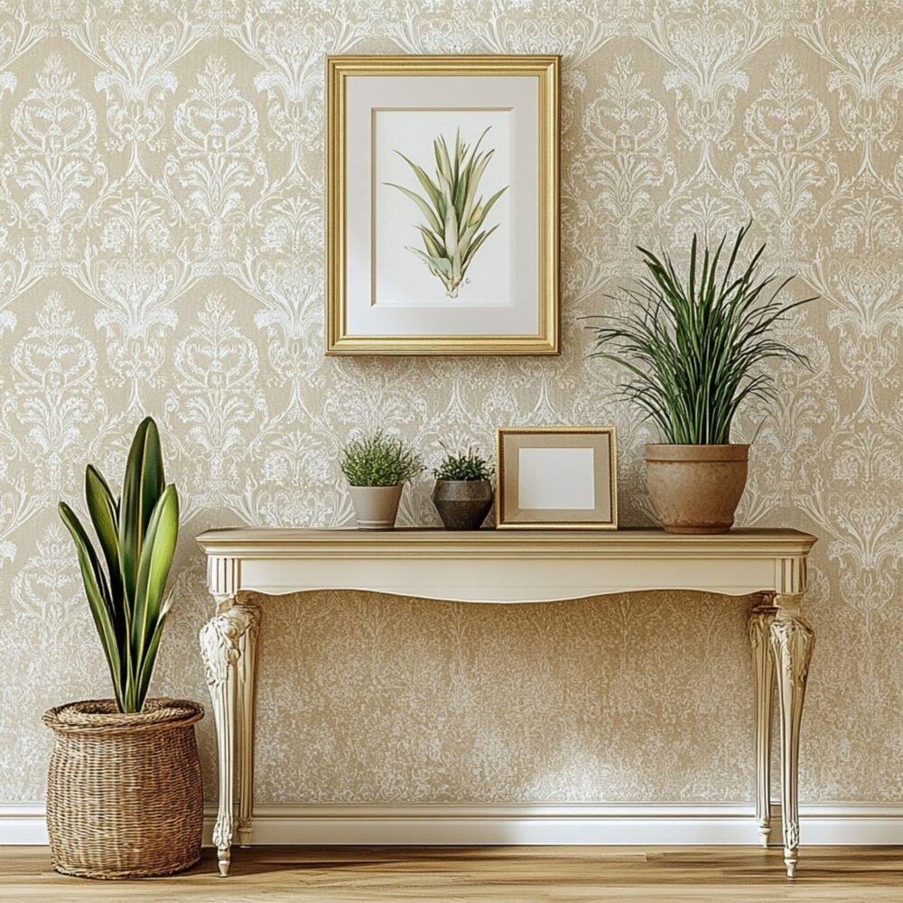Cream and Gold Scandinavian Foyer Design with Botanical Artwork