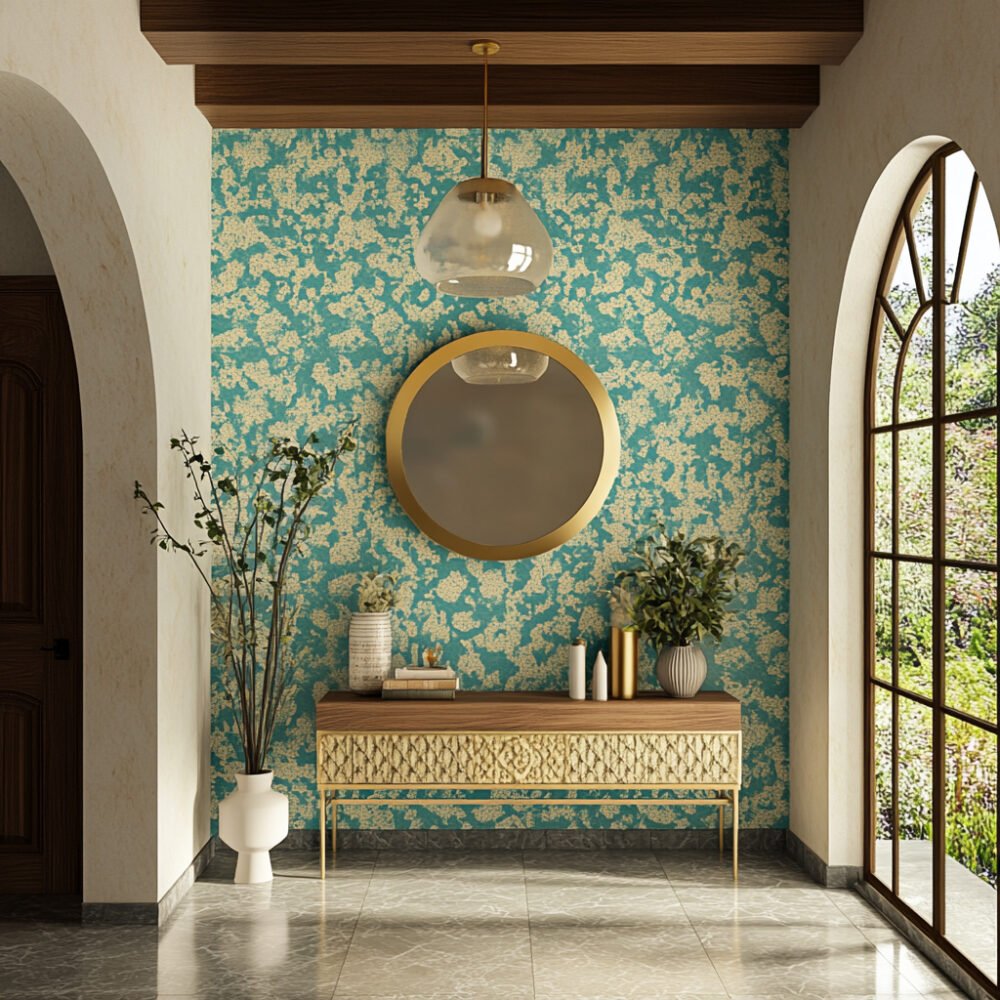 Contemporary Turquoise Blue and White Abstract Mix of Shapes Wallpaper Design