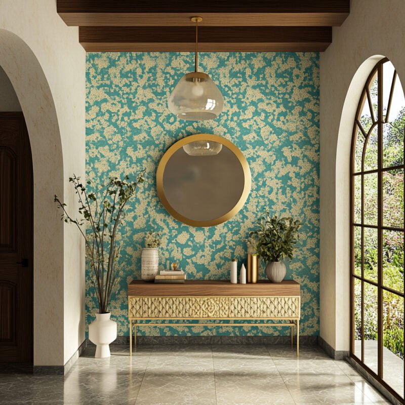 Contemporary Turquoise Blue and White Abstract Mix of Shapes Wallpaper Design