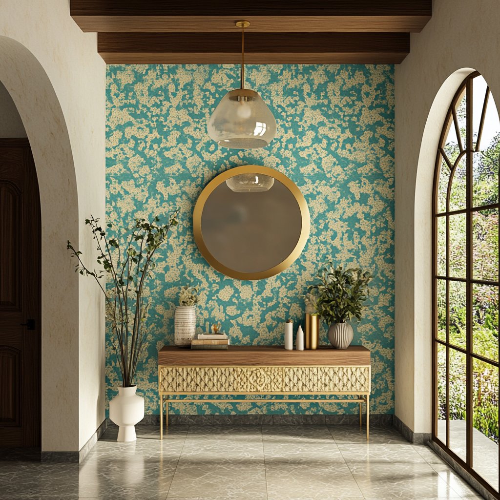 Contemporary Turquoise Blue and White Abstract Mix of Shapes Wallpaper Design