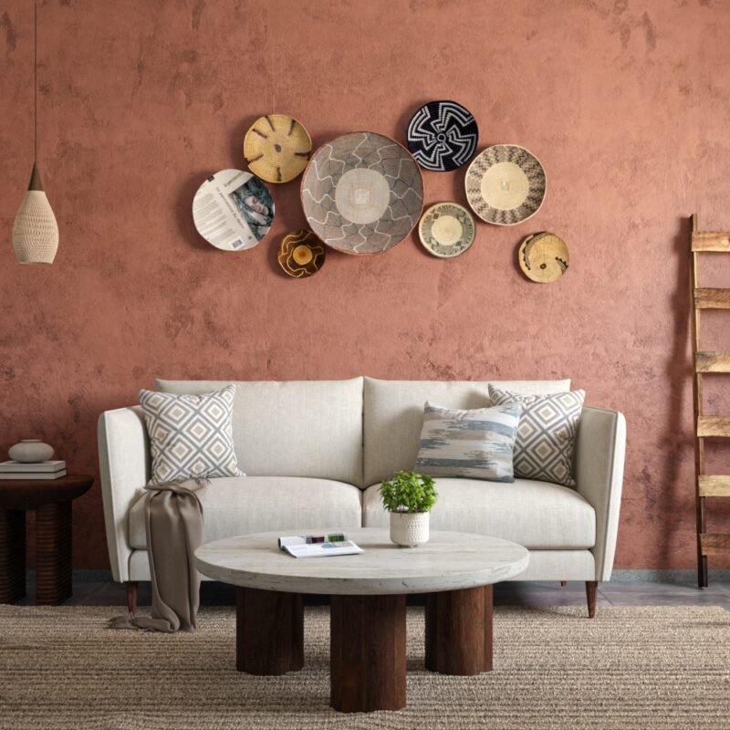 Bohemian Living Room Design with Light Beige Fabric Sofa