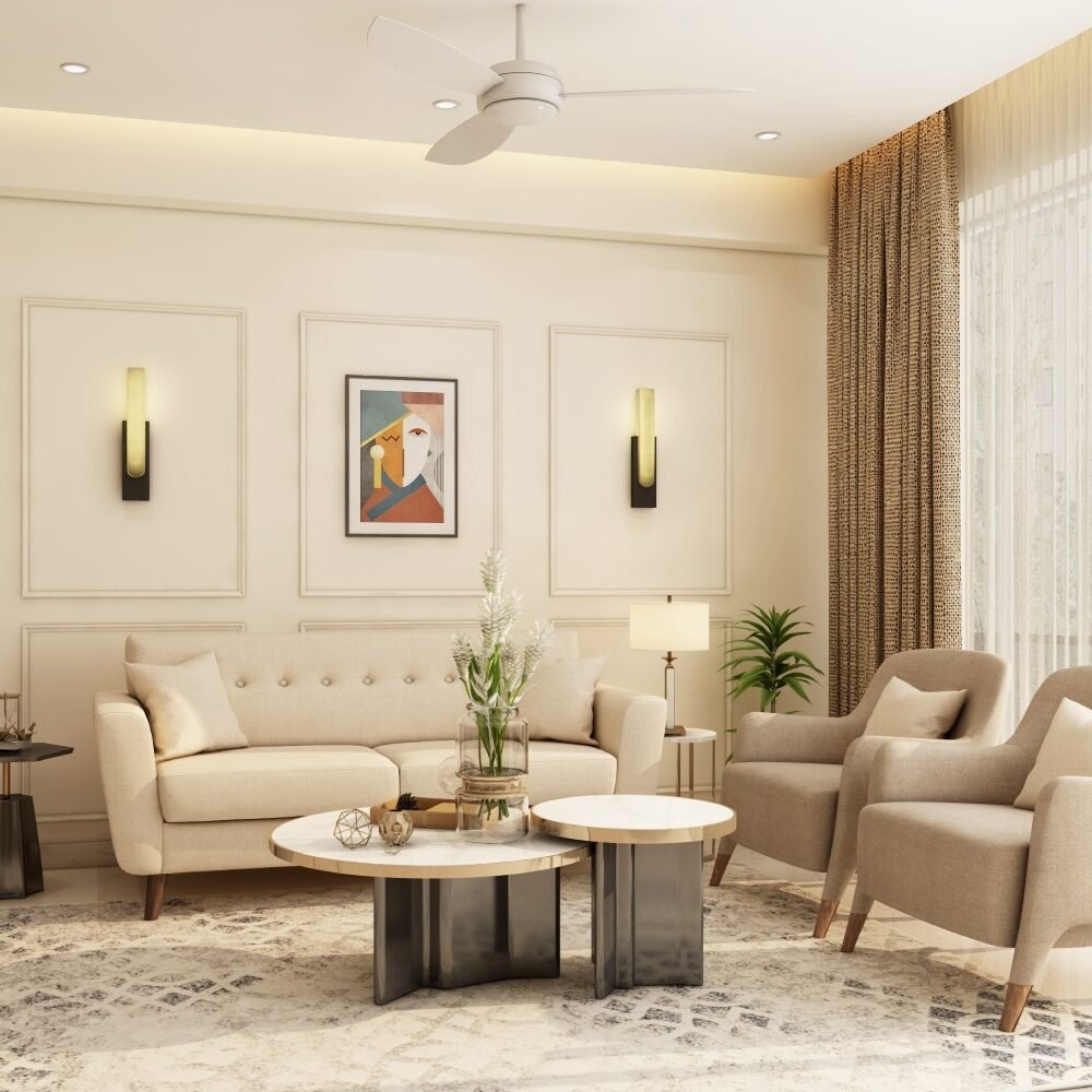 Contemporary Living Room Design with Tufted Sofa and Mid-Century Armchairs