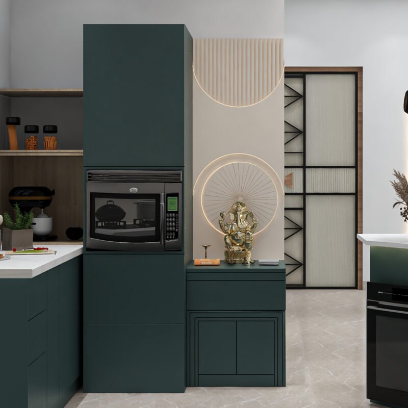 Contemporary Floor-Mounted Green Pooja Unit Design with Ganesh Idol