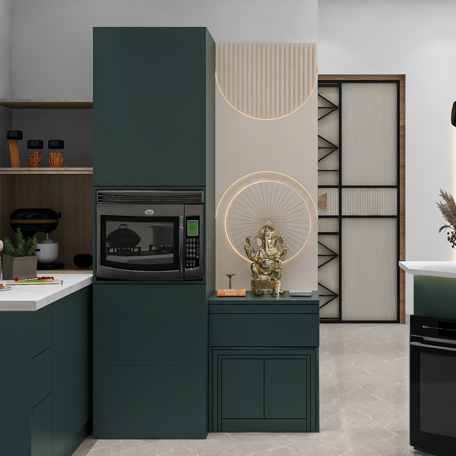 Contemporary Floor-Mounted Green Pooja Unit Design with Ganesh Idol