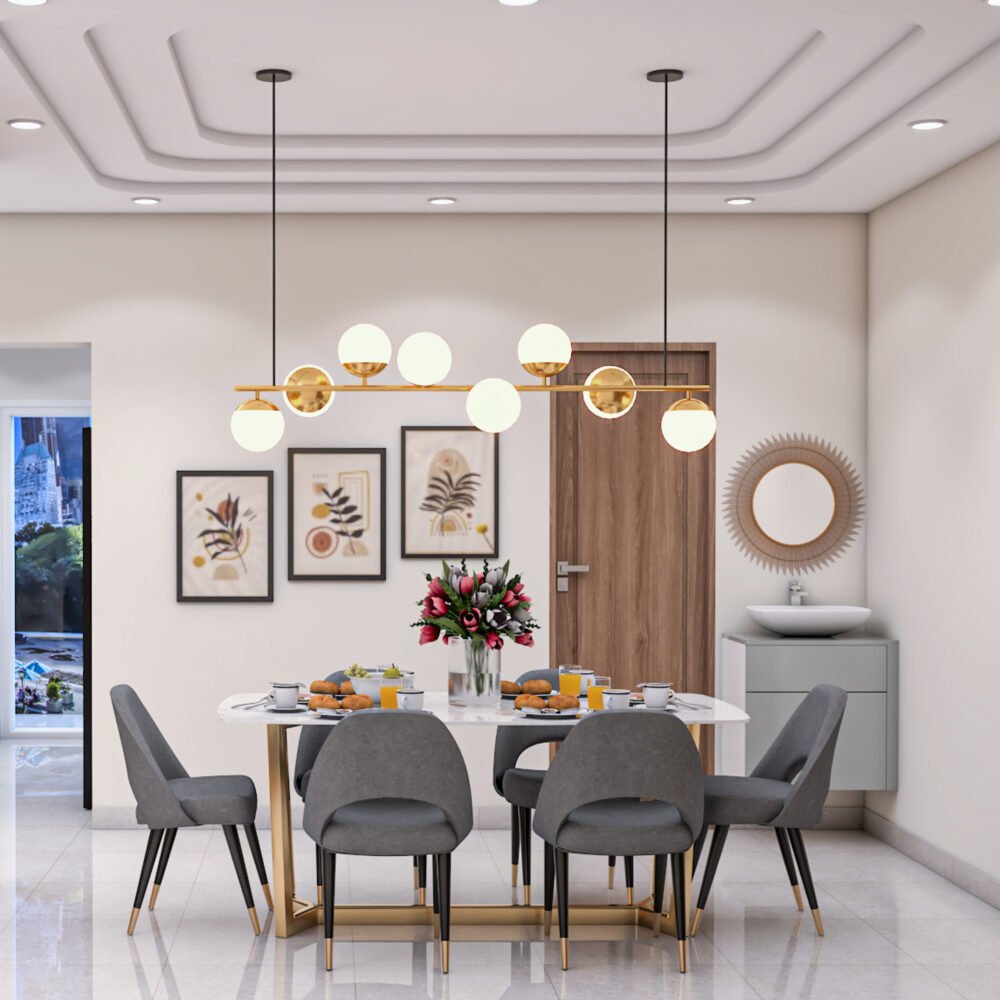 6-Seater Modern Dining Room Design with Oval Marble Dining Table