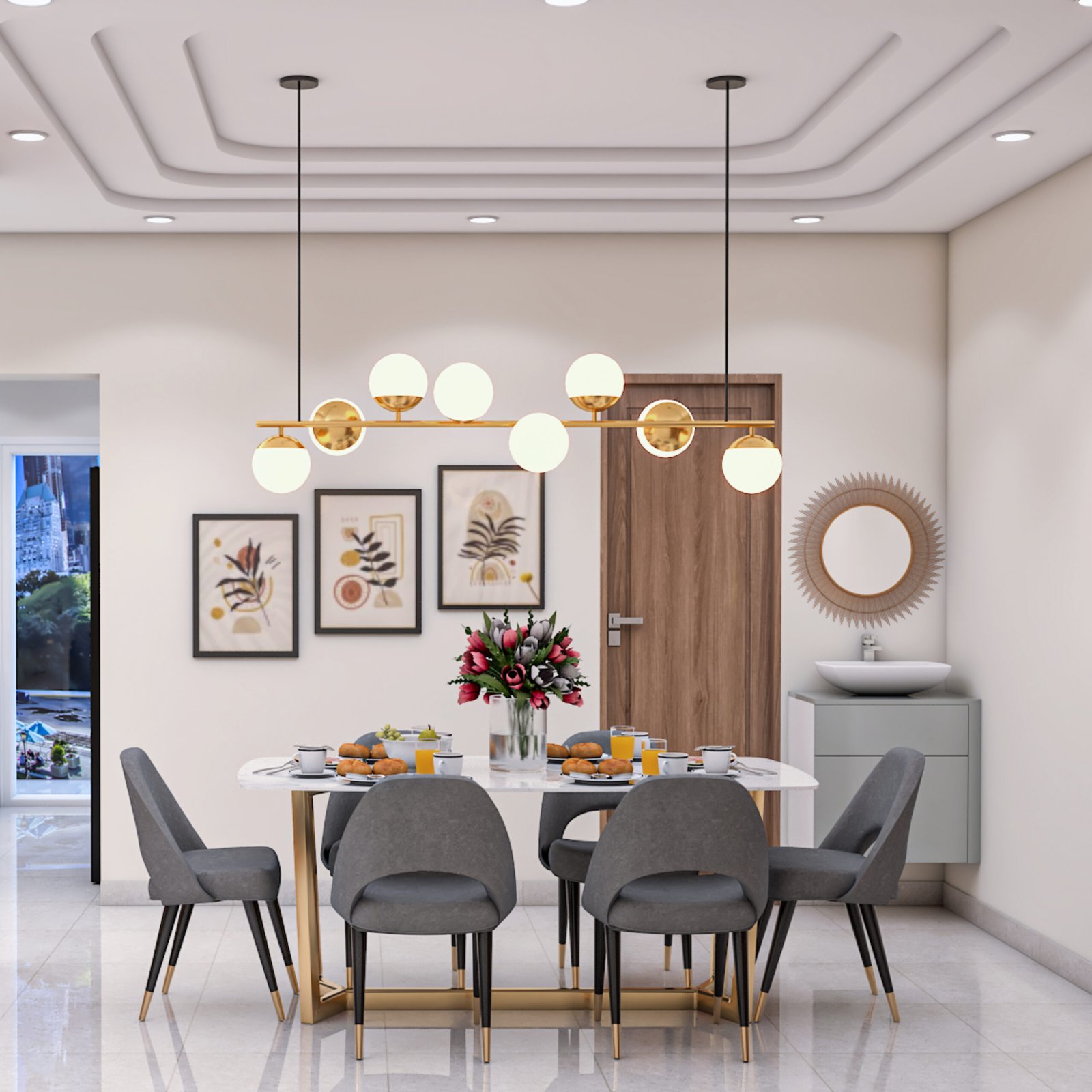 6-Seater Modern Dining Room Design with Oval Marble Dining Table