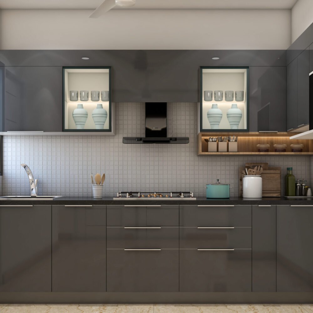 Grey Open Modern Kitchen Design With Glass Cabinets and Wooden Shelf