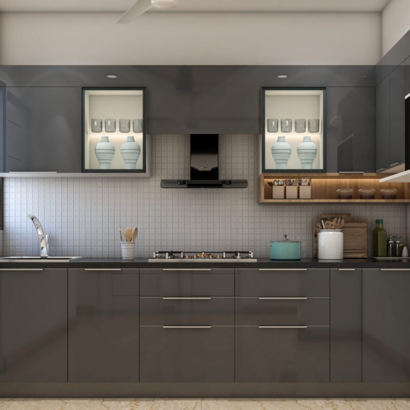 Grey Open Modern Kitchen Design With Glass Cabinets and Wooden Shelf
