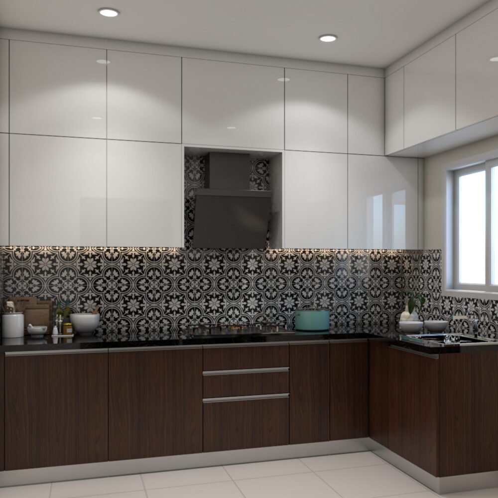 White and Walnut Contemporary L-Shaped Kitchen Design With High Gloss Cabinets