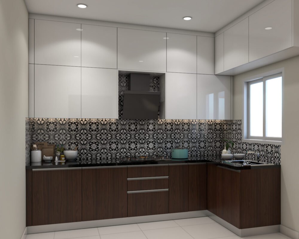 White and Walnut Contemporary L-Shaped Kitchen Design With High Gloss ...