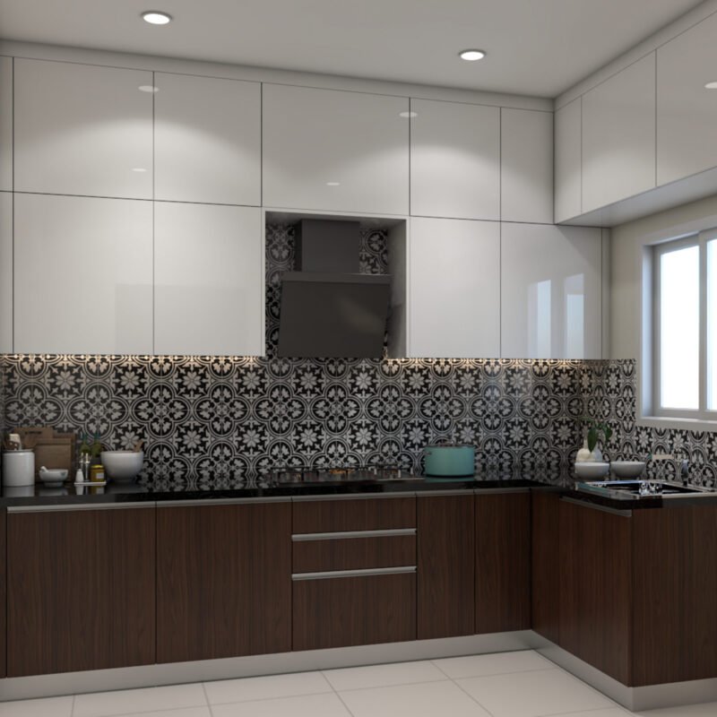White and Walnut Contemporary L-Shaped Kitchen Design With High Gloss Cabinets