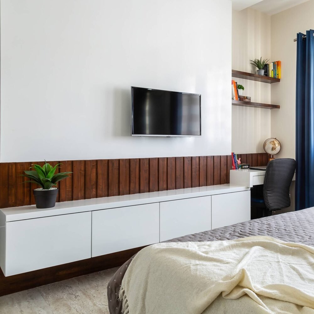 Modern Linen White Study Room Design With Integrated TV Unit