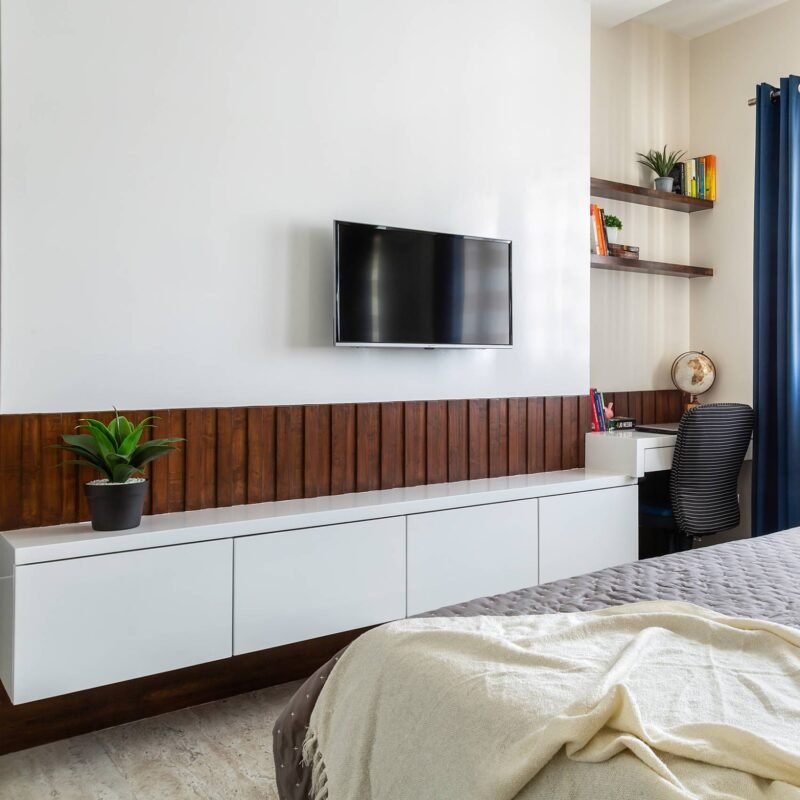 Modern Linen White Study Room Design With Integrated TV Unit
