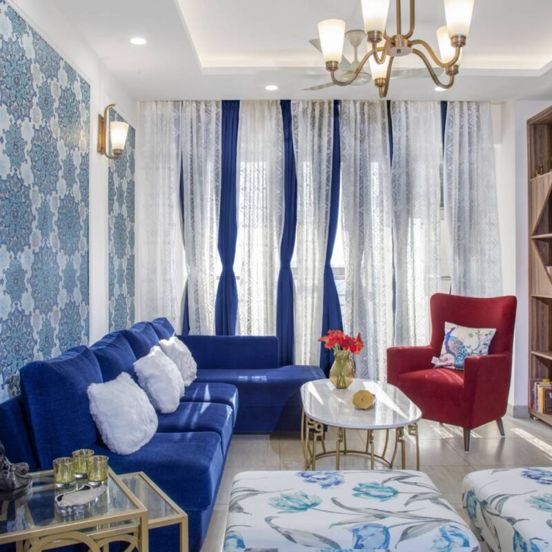 3BHK Contemporary Flat Design with Home Office and Vibrant Living Room