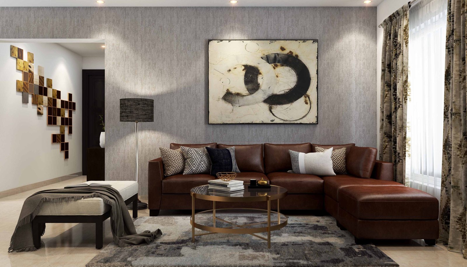 Contemporary Living Room Design with L-Shaped Leather Sofa
