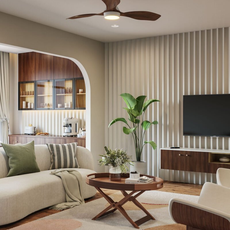 Contemporary Living Room Design with Curved Sofa and Wooden Coffee Table