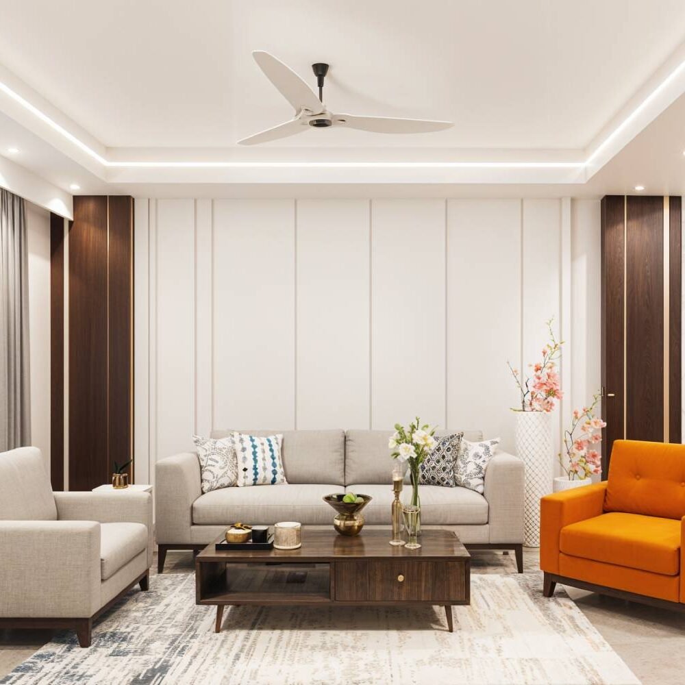 Contemporary Living Room Design with Grey Sofa and Orange Accent Chair