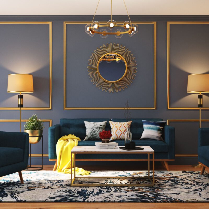 Mid-Century Modern Living Room Design With Teal Blue Upholstered Sofa