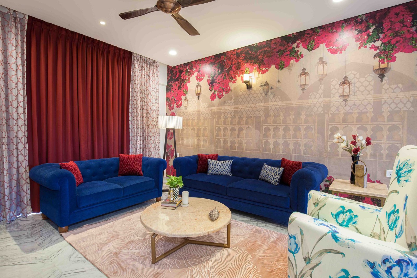 Traditional Living Room Design With Velvet Sofas and Marble Coffee Table