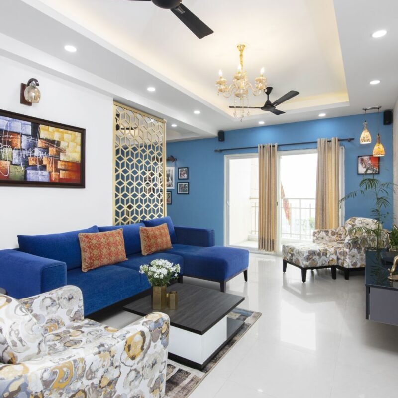 Contemporary 2BHK Flat Design with Wooden Flooring and Floral Wallpaper in Master Bedroom