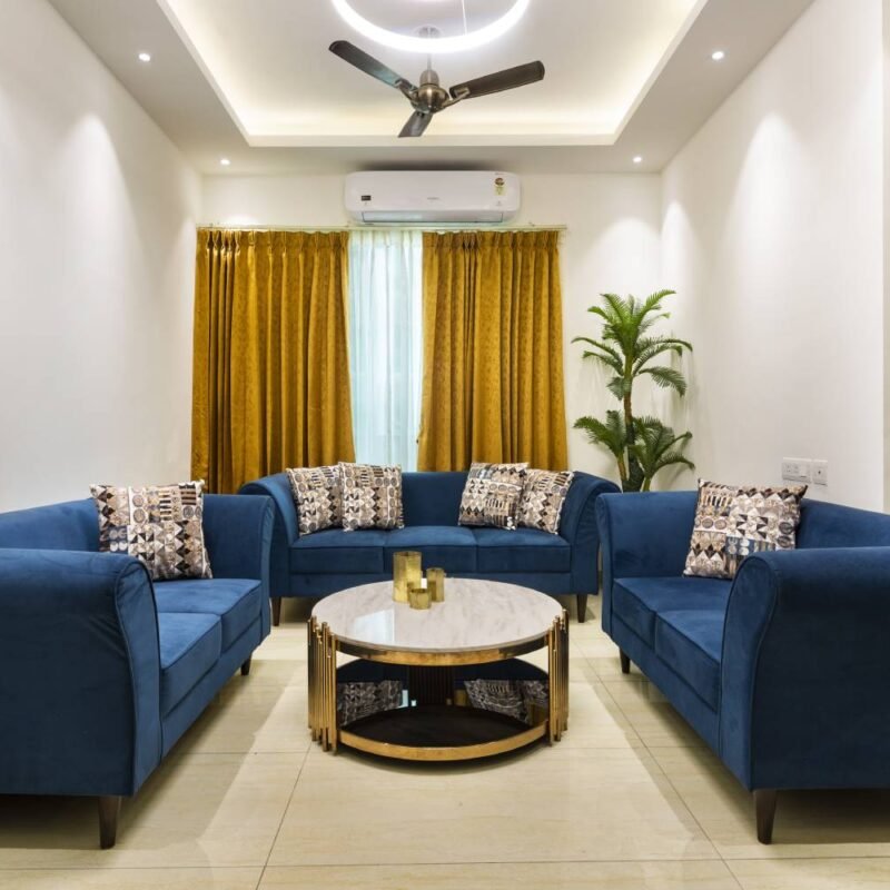 Contemporary 3BHK Flat Design with Light-Filled Bedroom and Cozy Living Room