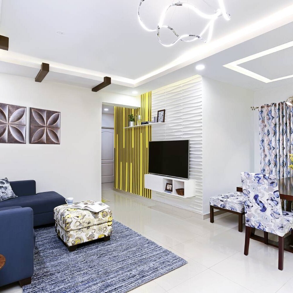Contemporary 3BHK Flat Design with Cozy Living Room and Sliding Wardrobe