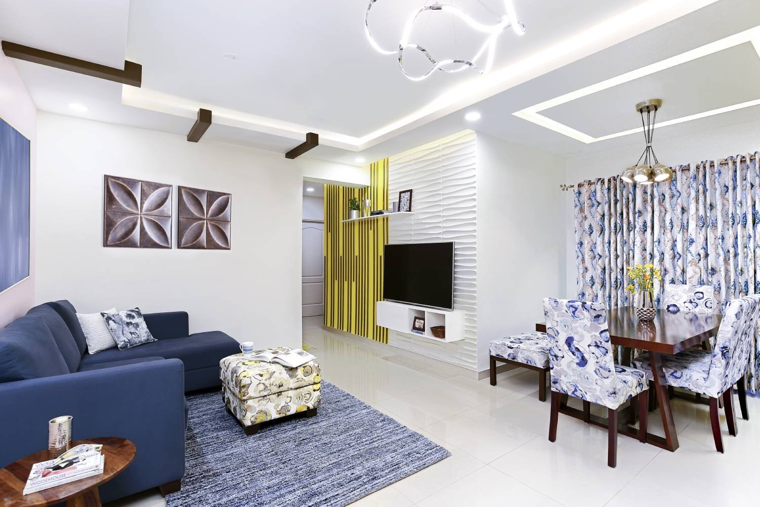 Contemporary 3BHK Flat Design with Cozy Living Room and Sliding Wardrobe