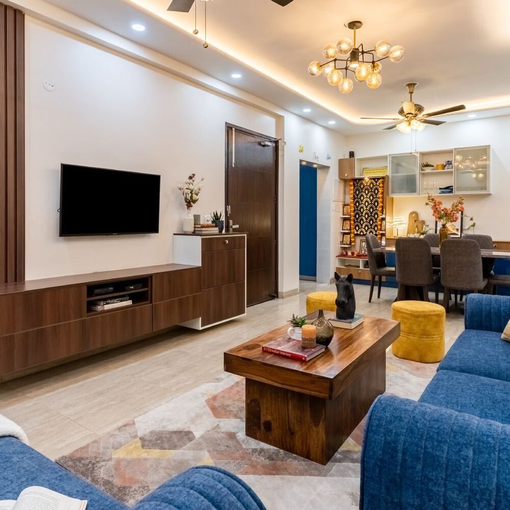 Contemporary 2BHK Flat Design with Space Saving Wardrobes and Straight Kitchen