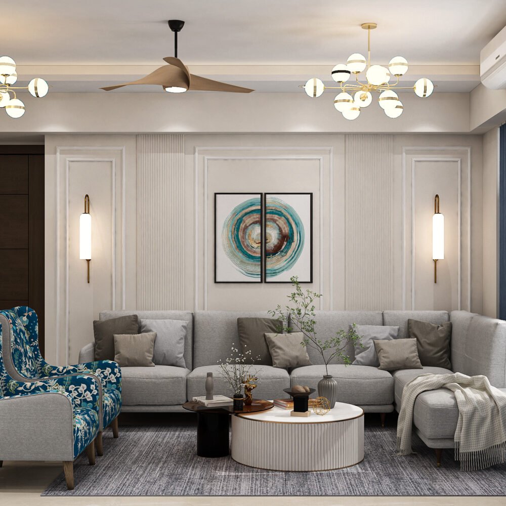 Contemporary Living Room Design with Grey L-Shaped Sofa