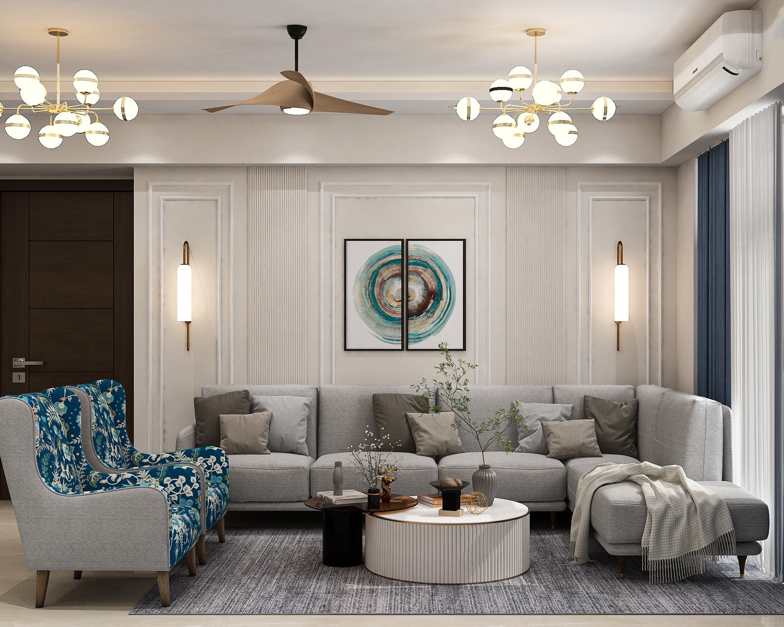 Contemporary Living Room Design with Grey L-Shaped Sofa