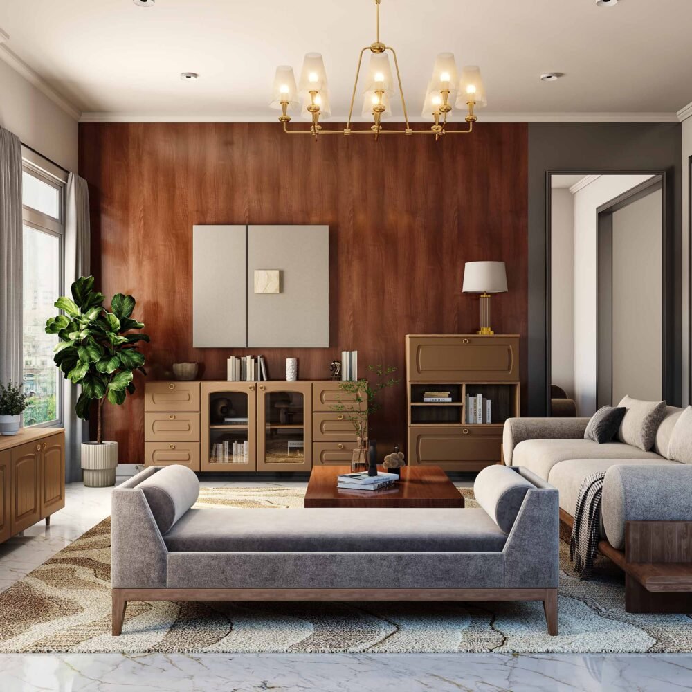 Mid-Century Modern Living Room Design with Wooden and Upholstered Furniture