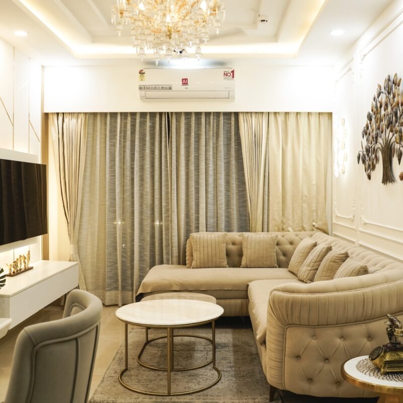 Contemporary Living Room Design with Plush Beige L-Shaped Sofa