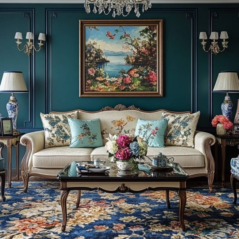 Classic Living Room Design with Teal Walls and Carved Sofa