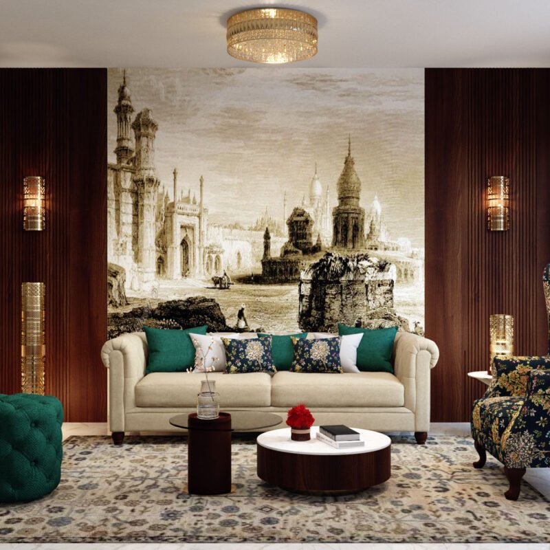 Traditional Living Room Design With Beige Chesterfield Sofa