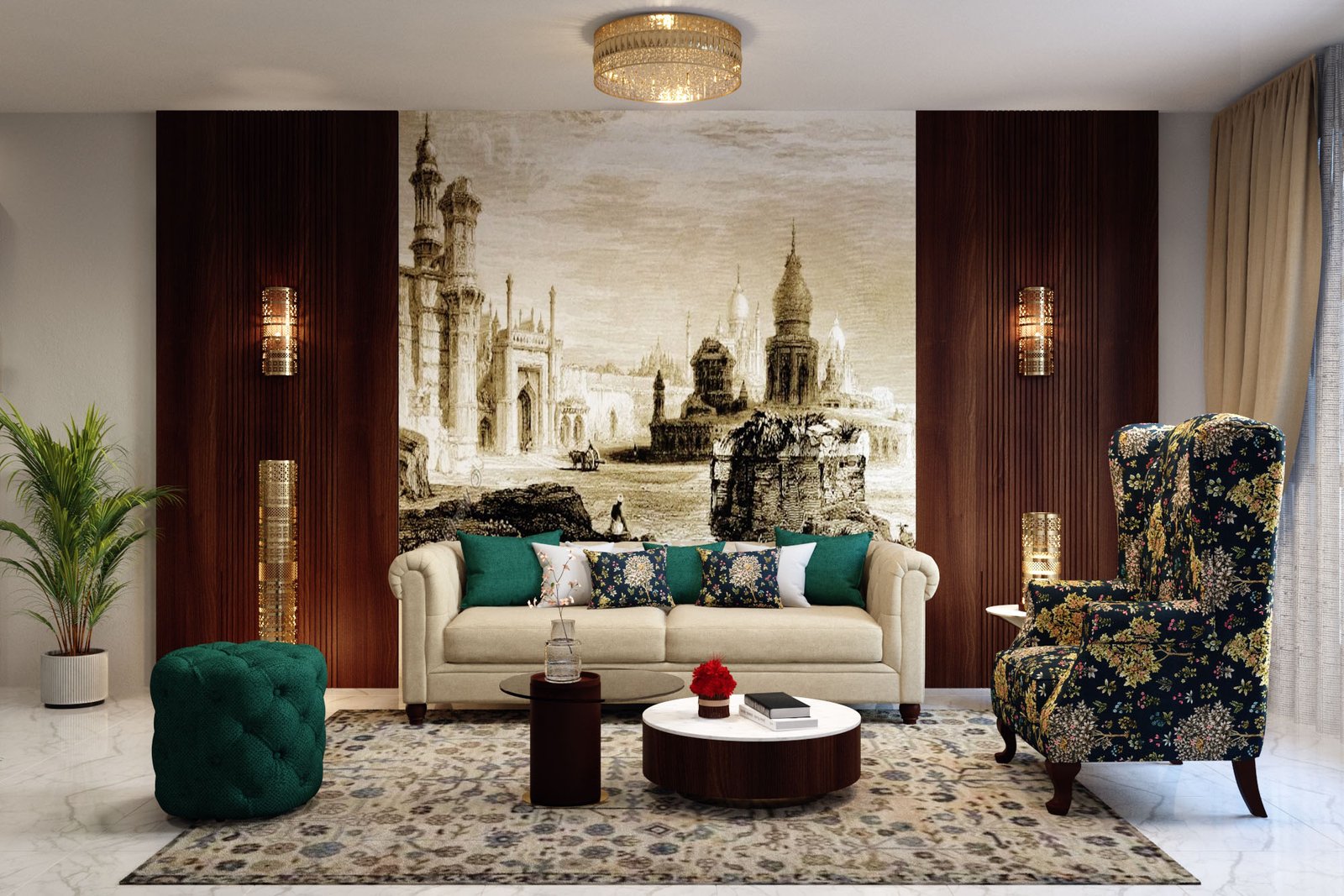 Traditional Living Room Design With Beige Chesterfield Sofa