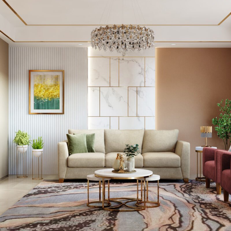 Contemporary Living Room Design with Beige Sofa and Dusty Rose Armchairs