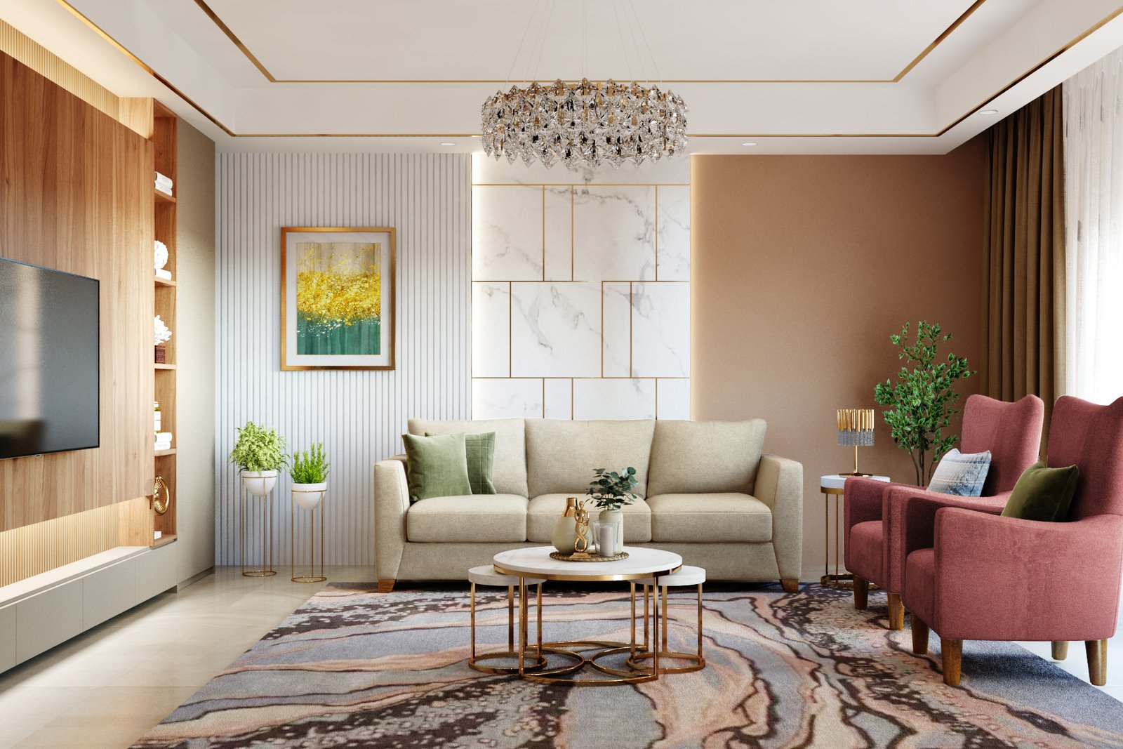 Contemporary Living Room Design with Beige Sofa and Dusty Rose Armchairs
