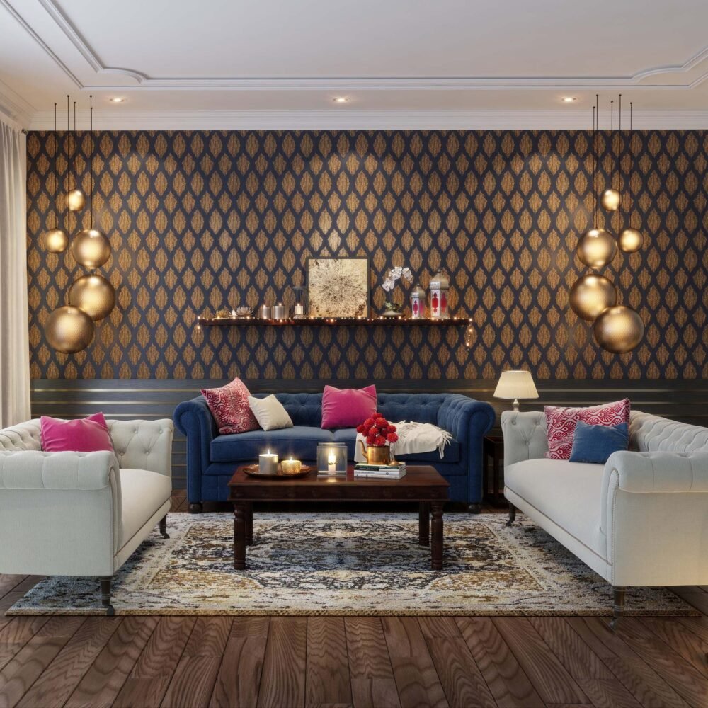 lassic Living Room Design with Deep Blue and Light Tufted Sofas