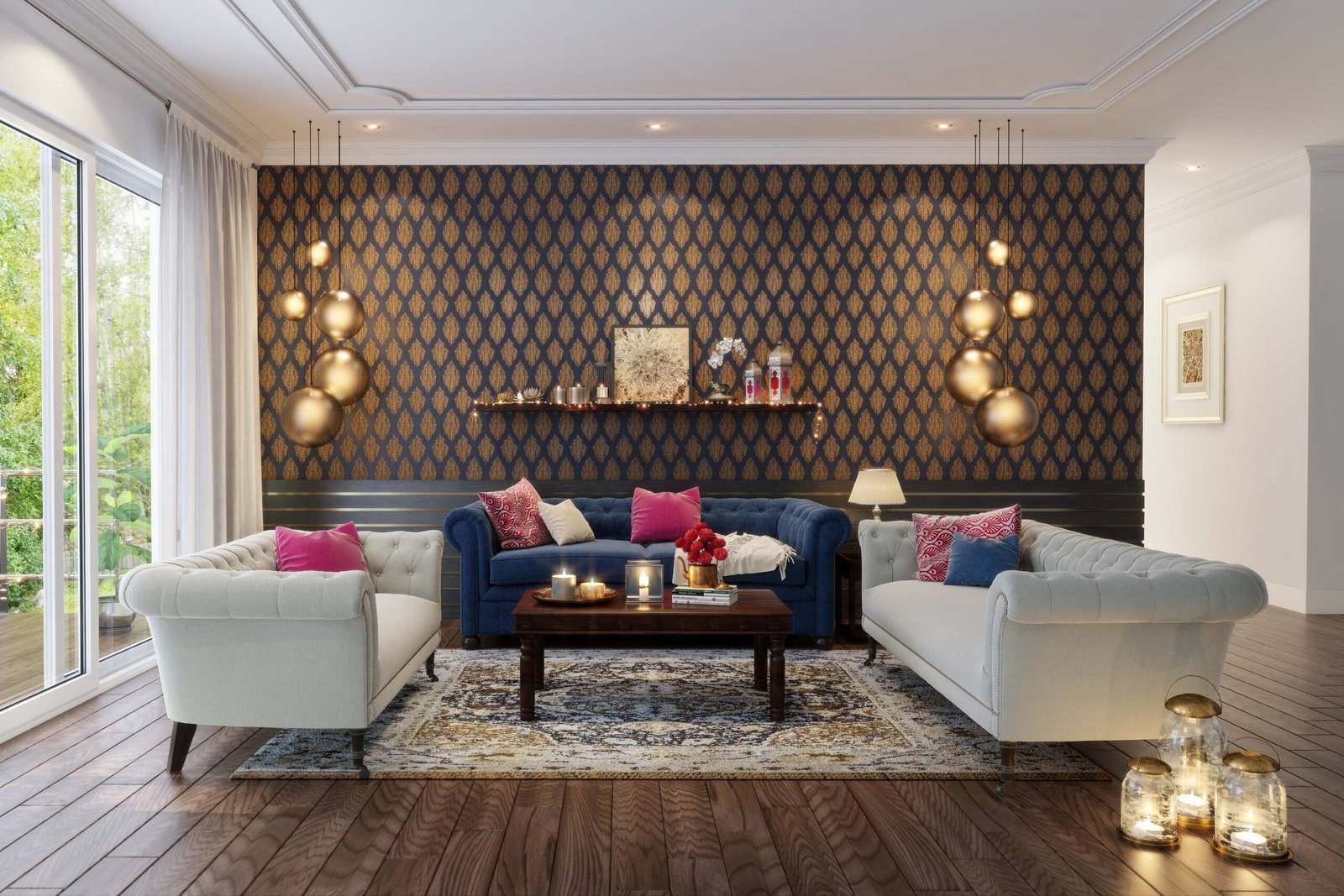 lassic Living Room Design with Deep Blue and Light Tufted Sofas