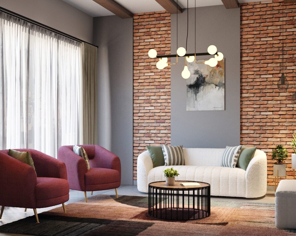 Industrial Living Room Design with Textured Sofa and Brick Accent Walls