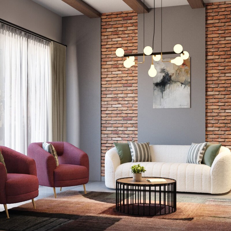 Industrial Living Room Design with Textured Sofa and Brick Accent Walls