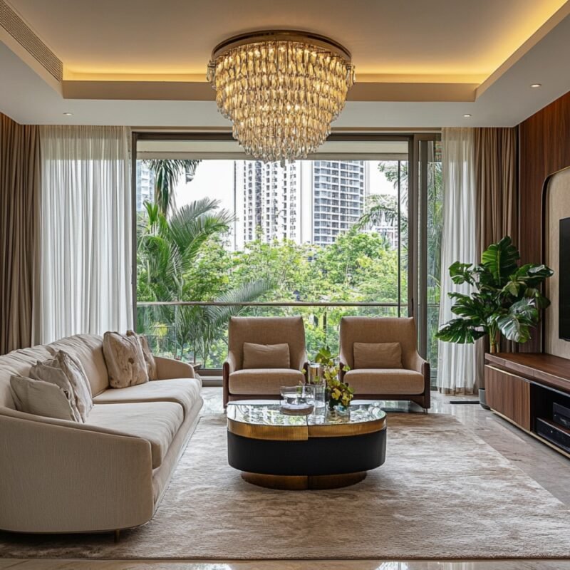 Contemporary Living Room Design with Curved Sofa and Beige Armchairs