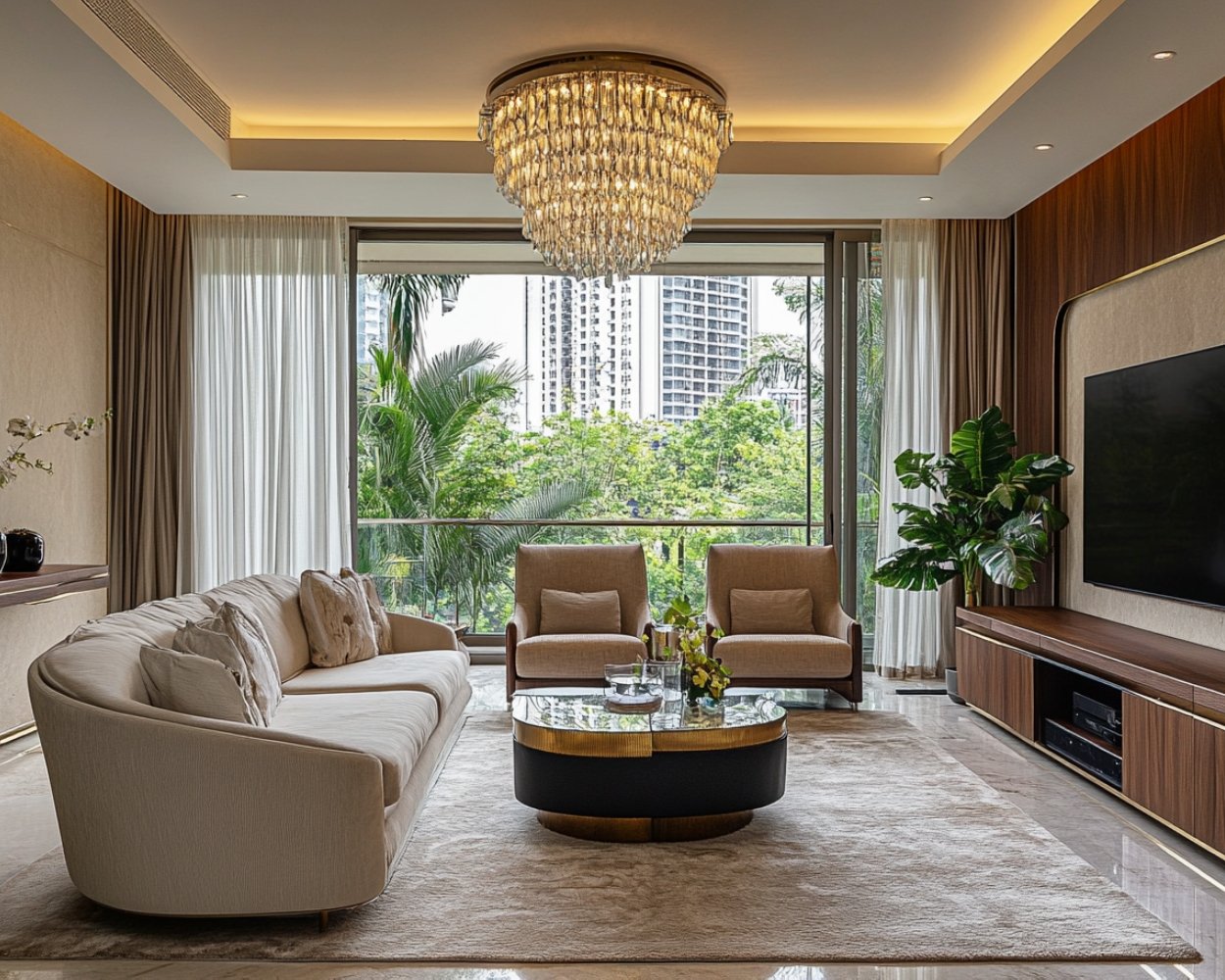 Contemporary Living Room Design with Curved Sofa and Beige Armchairs